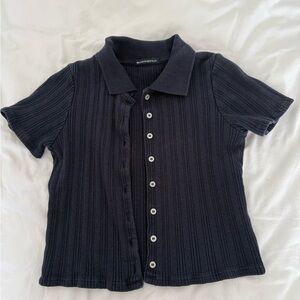 Brandy Melville Black Ribbed Short-Sleeve Button-Up Polo